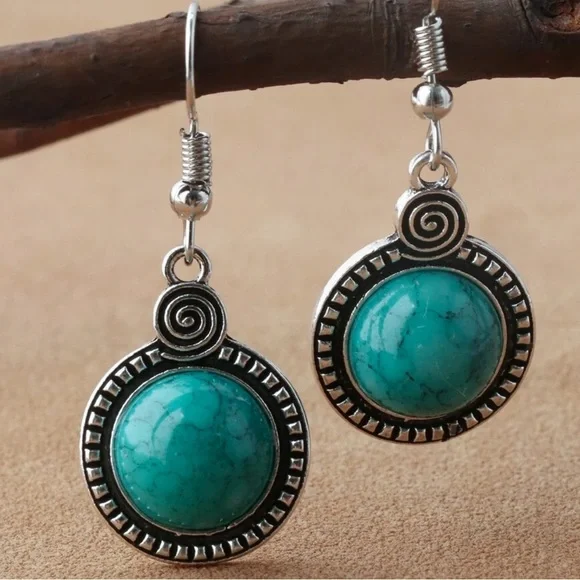Any 3/$25! Antiqued Silver Round Turquoise Drop Earrings - Picture 2 of 5